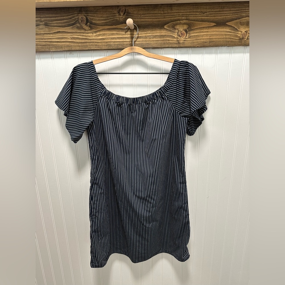 Banana Republic Navy and White Striped Off Shoulder Mini Dress Sz M 100% Cotton